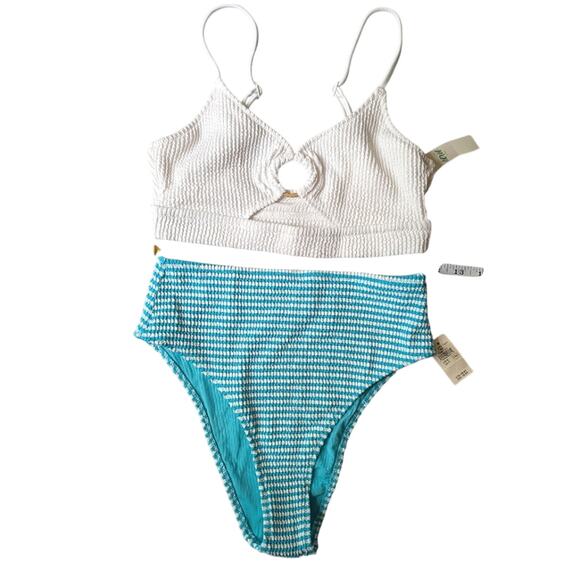 NWT Aerie Bikini Set Blue White Striped High Cut Cheeky Ring Cutout Top S Small - Picture 1 of 5